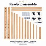 Wooden components, fasteners, screwdriver and four swivel casters including two with brakes. Assembly required. Digitally composed from supplier photograph.