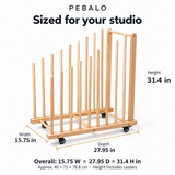 PEBALO rack exterior dimensions: 15.75 W × 27.95 D × 31.4 H inches including casters; approximately 40 × 71 × 79.8 cm. Digitally composed from supplier photograph.